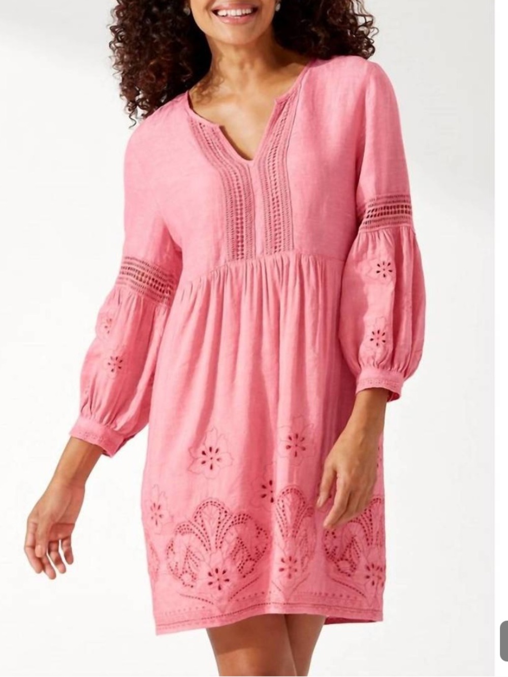 Tommy Bahama Pink Eyelet Linen-Blend Dress Split Neck Self Lined Size XS